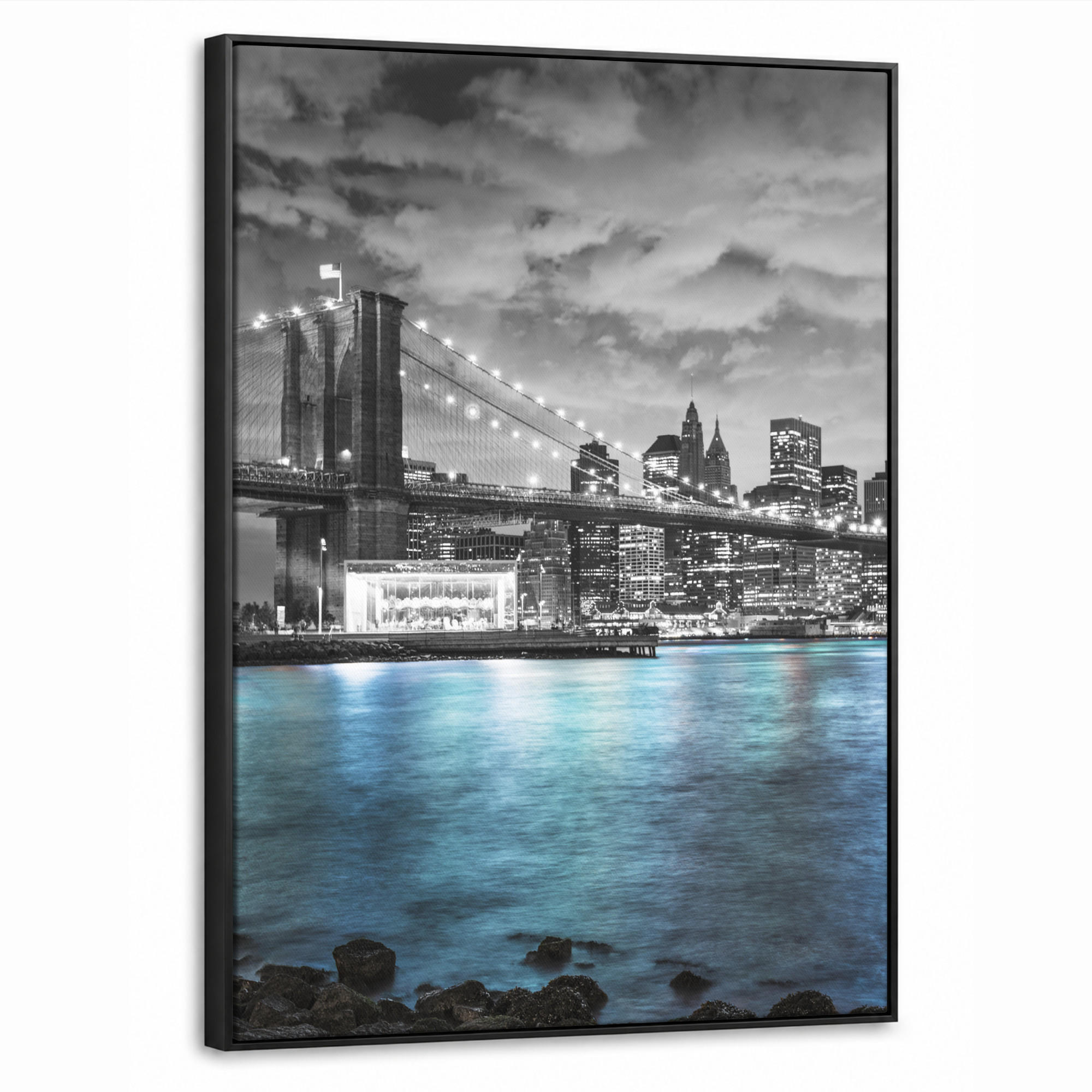 LEINWAND Bilder mit Rahmen - New York - Skyline - Stadt - Blau - 50x70 - Blaugrau, Textil (50/70cm) - MuchoWow