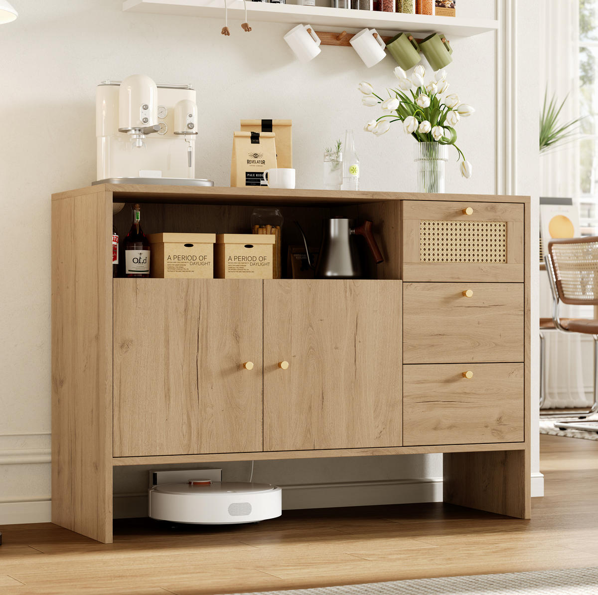SIDEBOARD 105/40/76 cm mit 2 Türen, 3 Schubladen & Rattan-Optik - Naturfarben, Holzwerkstoff (105/76/40cm) - BEAOK