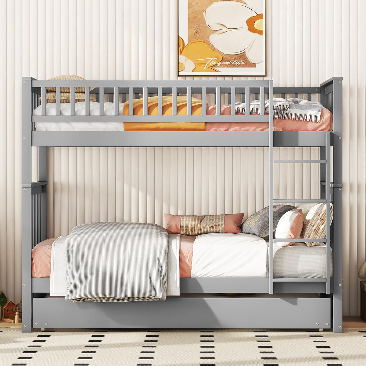 ETAGENBETT 90/200 cm grau mit Ausziehbett und stabiler Treppe - Grau, Holz (90/200cm) - OKWISH