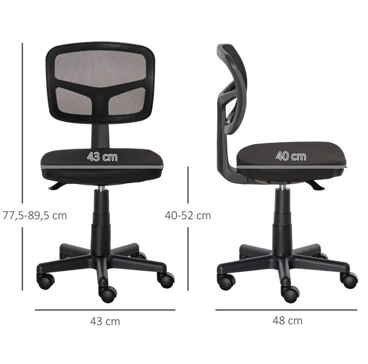 BÜROSTUHL in Schwarz 48x43x89,5 cm, höhenverstellbar, ohne Armlehnen und mit Rollen - Schwarz, Textil (43/89.5/48cm) - IVMEU