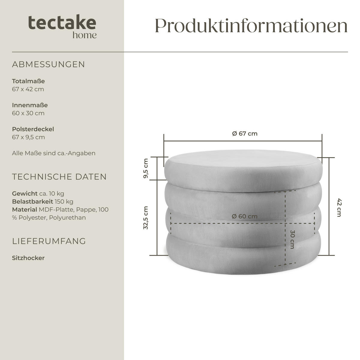 SITZHOCKER mit Stauraum Altu Xl,67 x 42 cm,Samtoptik grau - Samtahornfarben, Holz (67/42/67cm) - tectake
