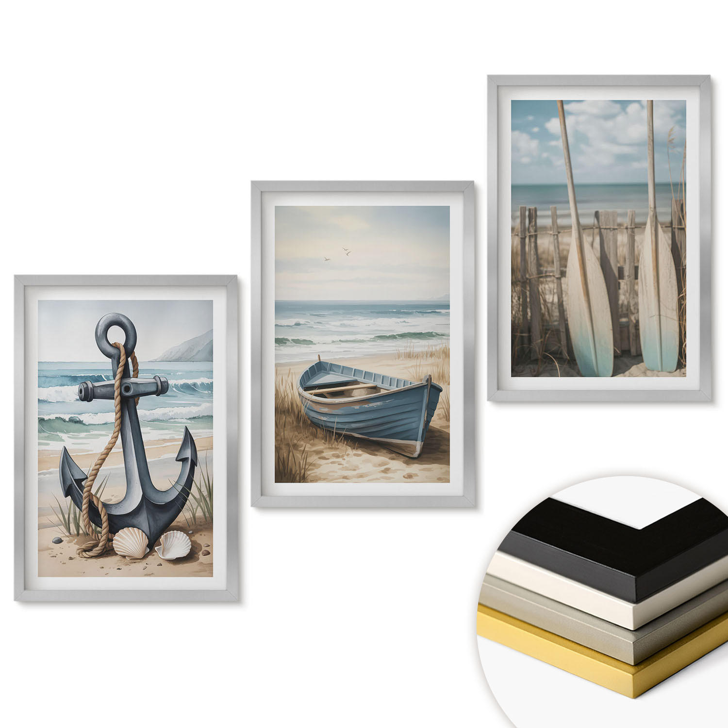 WANDBILDER 3er Set - 40x60 cm Silberner Rahmen - Anker, Boot, Ruder, Strand - Silberfarben, Kunststoff (40/60cm) - ArtPrintCave