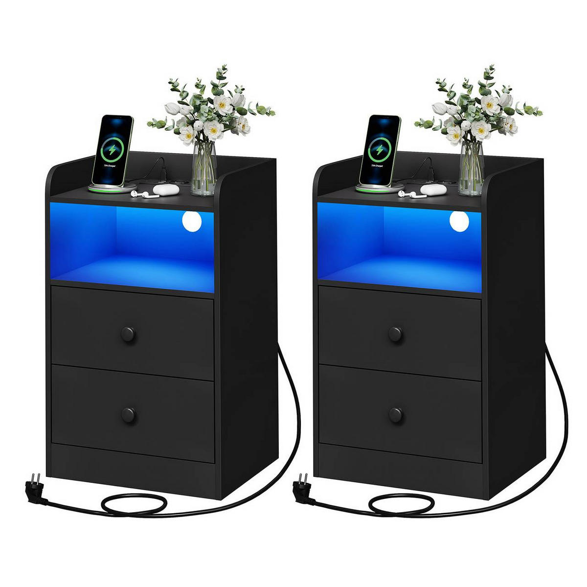NACHTTISCH 2er Set mit LED-Licht, 2 Steckdosen , Holz, Schwarz - Schwarz, Holzwerkstoff (40/64/35cm) - Woltu