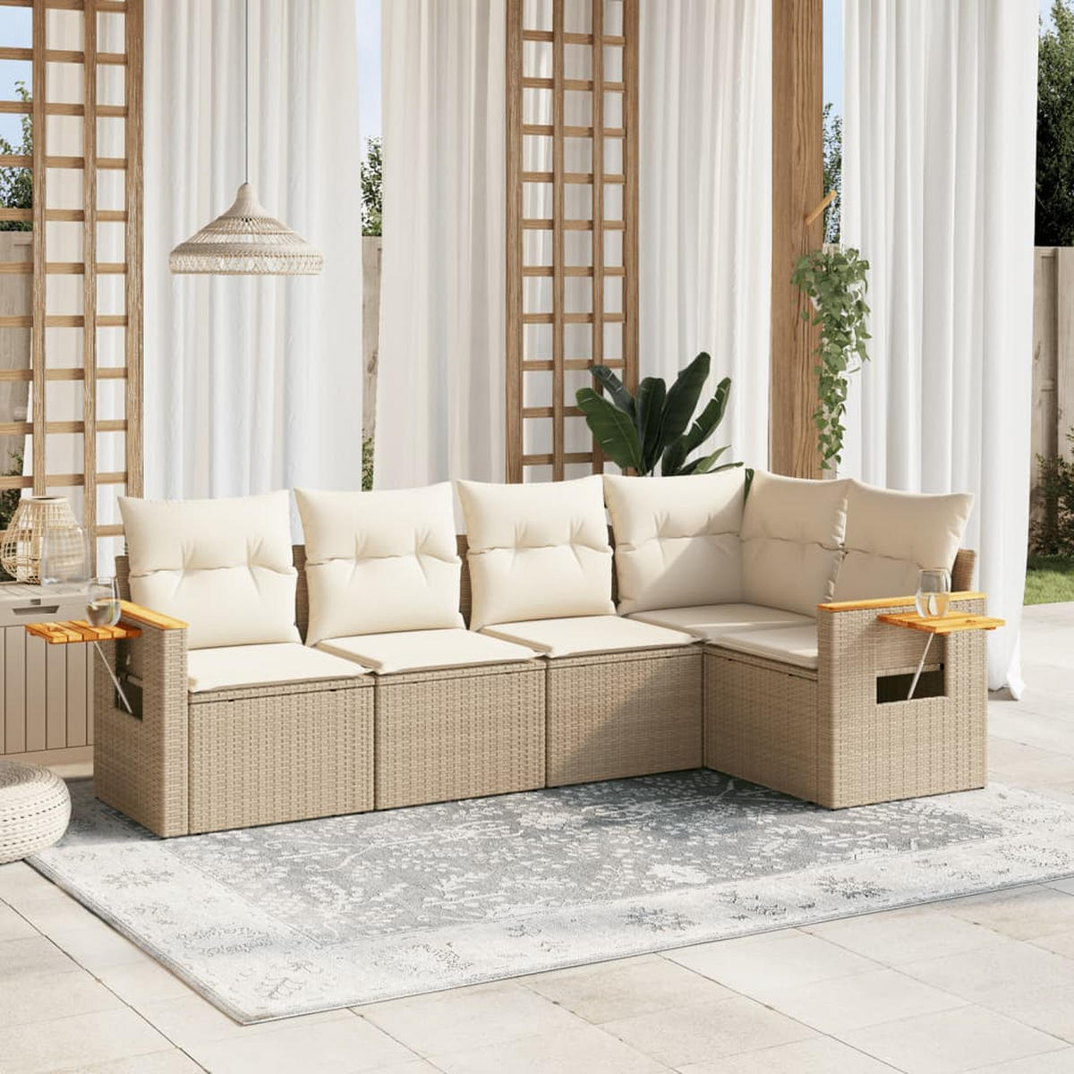 GARTEN-SOFAGARNITUR 5-teilig Mit Kissen Beige Poly Rattan - Beige, Kunststoff - vidaXL