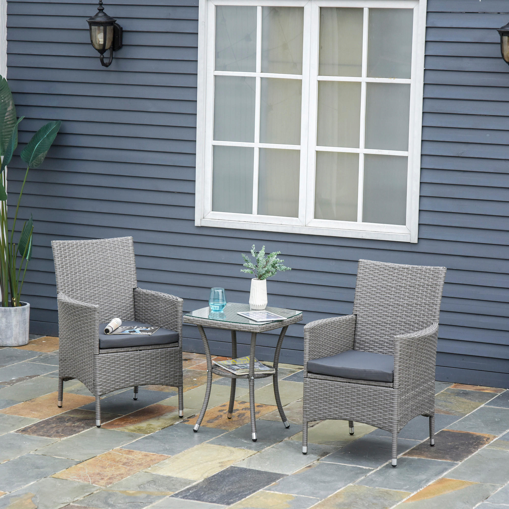 RATTAN Gartenmöbel Set mit Beistelltisch, Bistroset 3-tlg., Polyrattan + Stahl - Grau, Metall - Outsunny