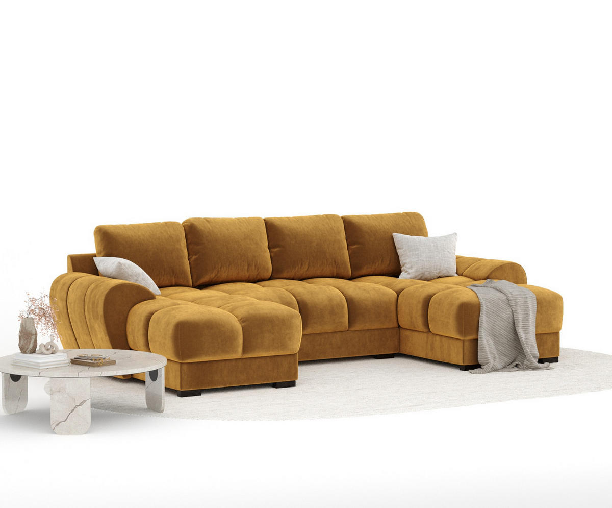 WOHNLANDSCHAFT Peebles Honigfarbe Samtstoff - Schwarz/Honig, Holz/Holzwerkstoff (330/90/175cm) - Maison de Reve