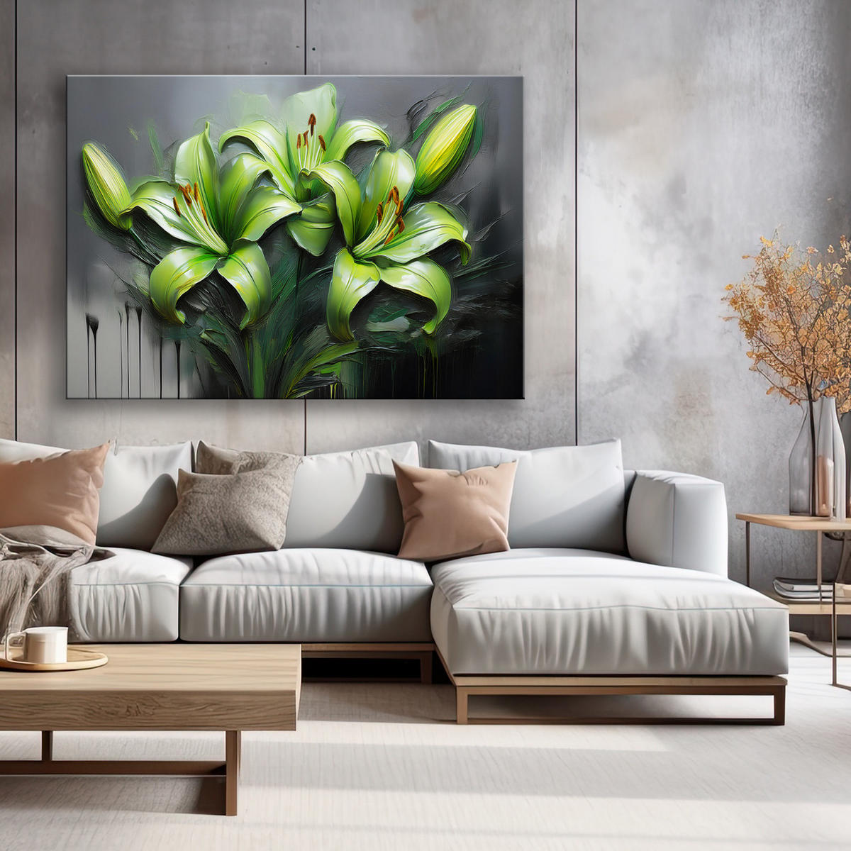 WANDBILD abstrakte grüne lilien blumen gemalt - Grün, Textil (60/40cm) - Feeby