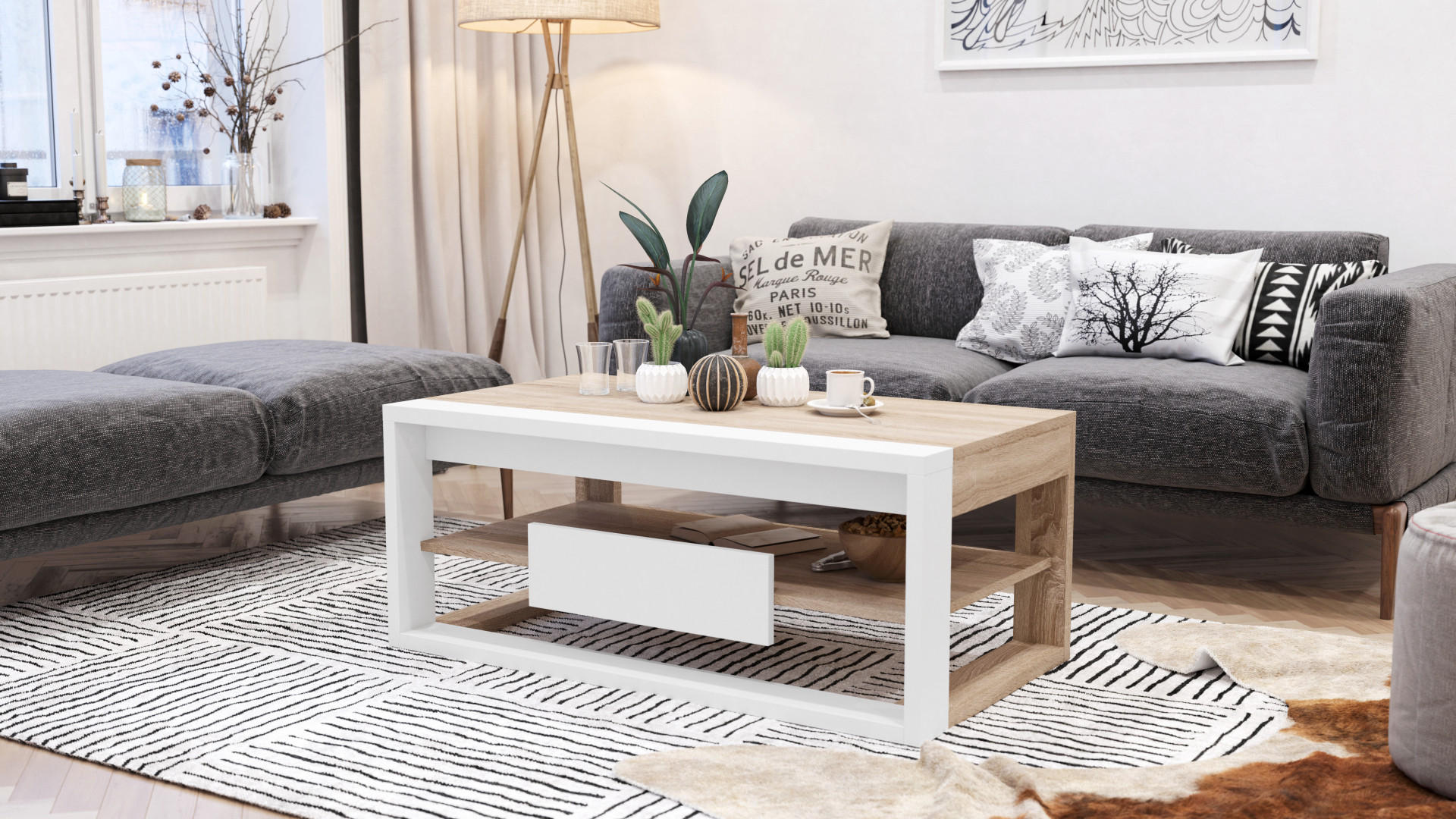 COUCHTISCH rechteckig Sonoma Eiche Weiß aufklappbar - Weiß/Sonoma Eiche, Holzwerkstoff (60/110/45cm) - designimpex