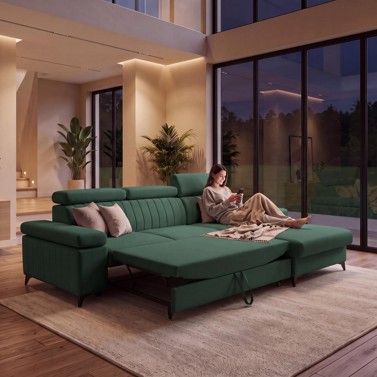 ECKSOFA FELIX L Rechts mit Schlaffunktion Velours Grün - Schwarz/Grün, Holz/Textil (176/257cm) - Muffo