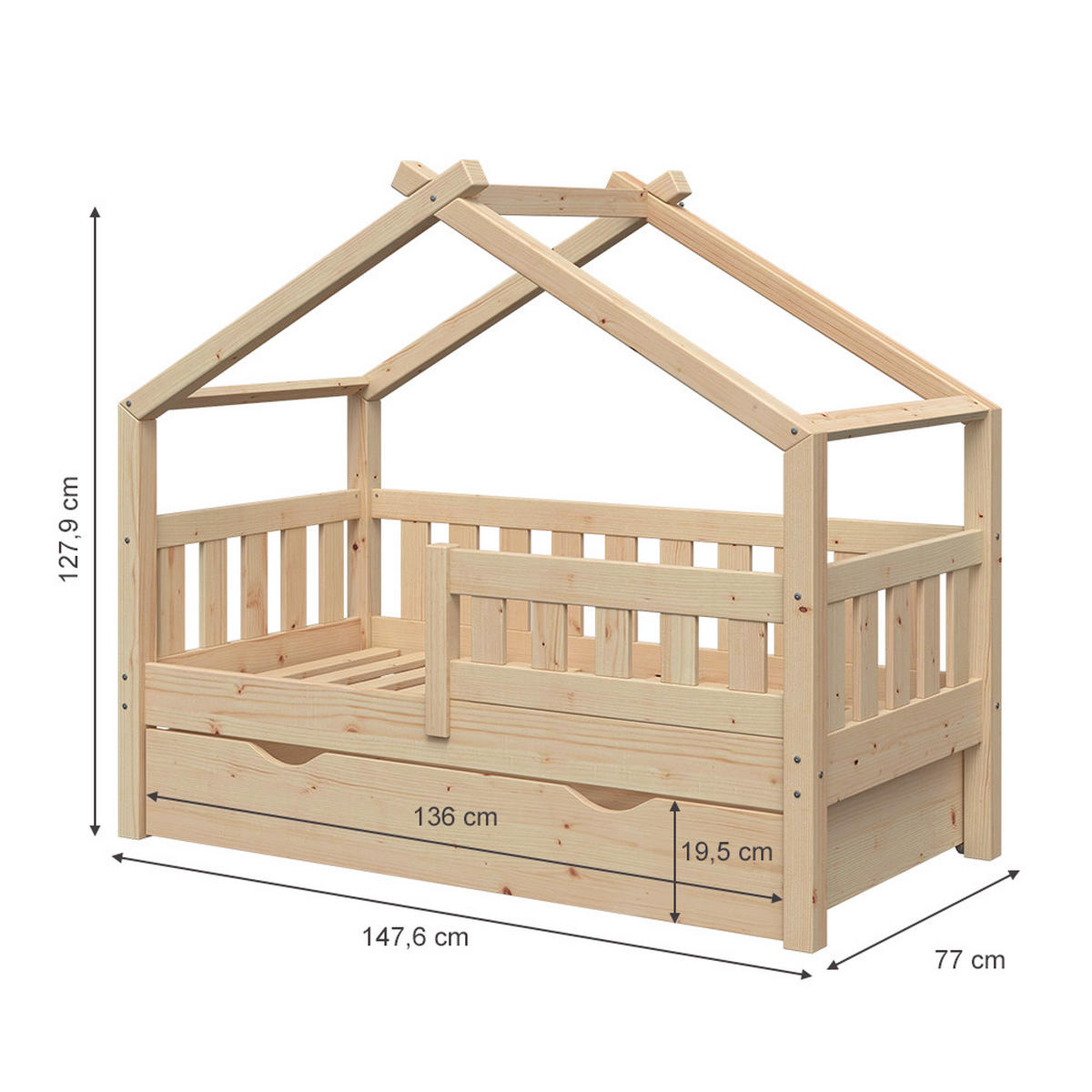 HAUSBETT Design Naturholz 70x140 cm mit Schublade - Braun, Holz (70/140cm) - VitaliSpa