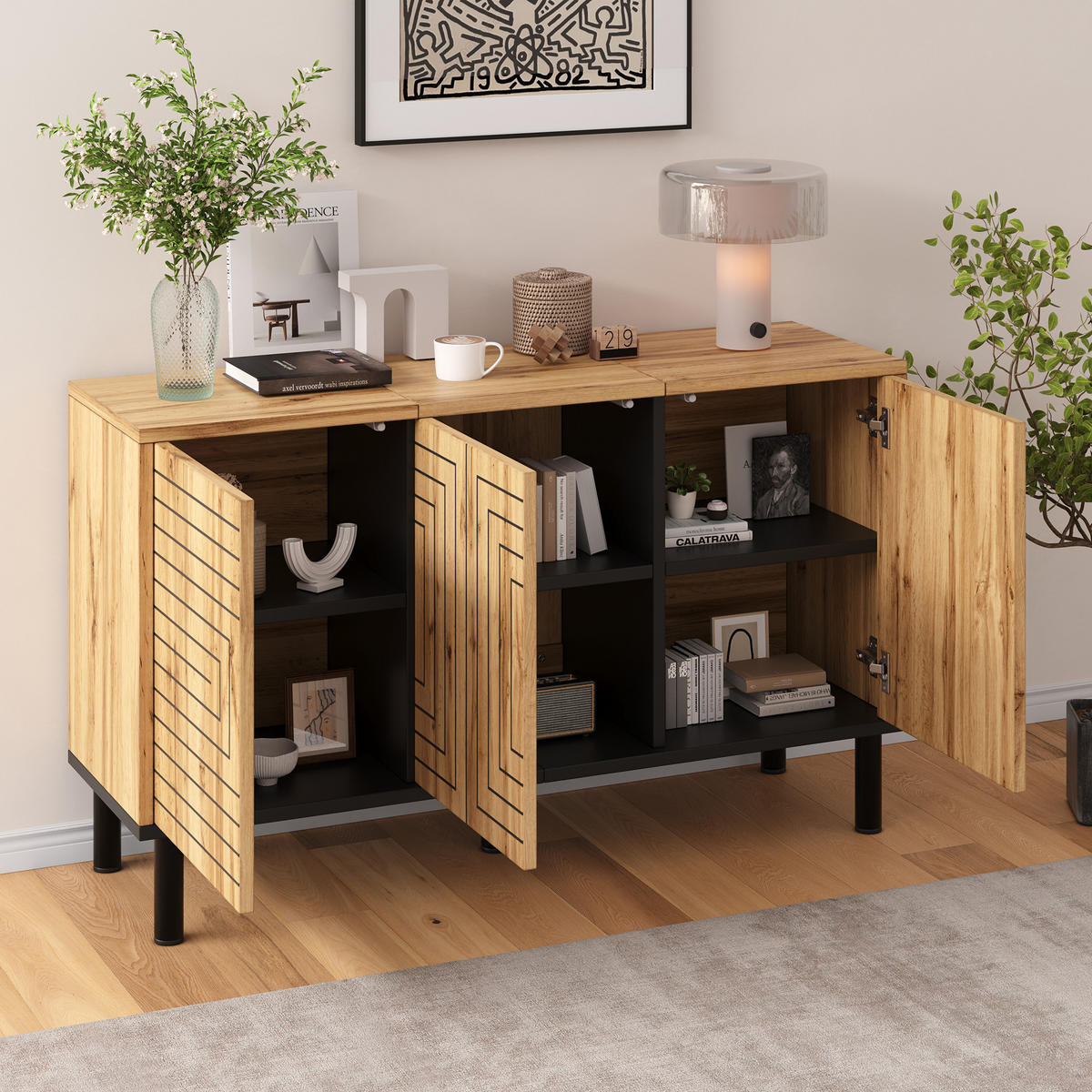 SIDEBOARD DE-37855 mit 3 Türen und Wellenmuster Holzfarbe - Naturfarben, Holzwerkstoff (120/68/35cm) - ComfortXL