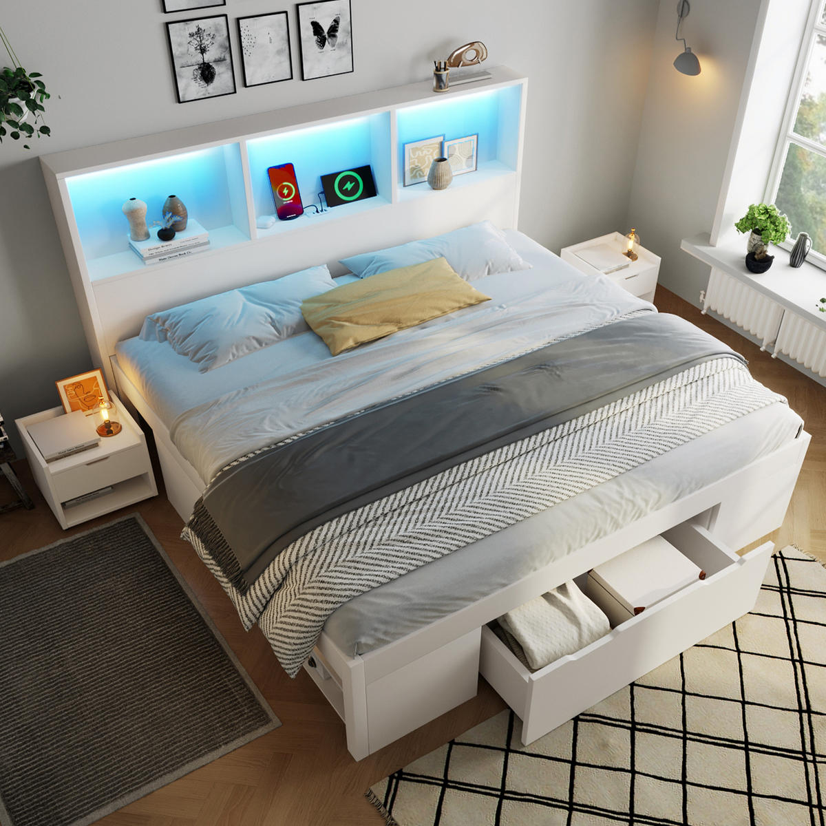 BETT 140/190 cm in Weiß mit Schublade, Regal, LED und USB - Weiß, Holzwerkstoff/Textil (140/190cm) - WISHDOR