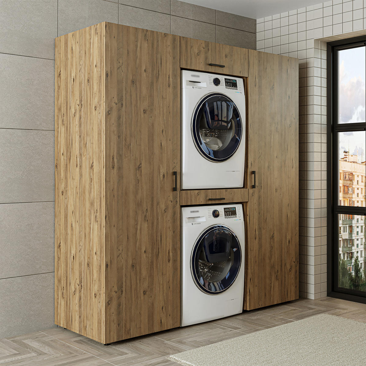 WASCHMASCHINENSCHRANK DUO-I 187cm Breit, 205cm Hoch - Eichefarben, Holzwerkstoff (187/205/67cm)