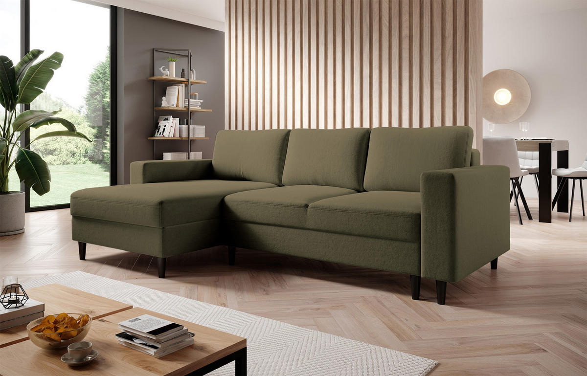 ECKSOFA Nalika Olivgrün Velours - Schwarz/Olivgrün, Holz/Textil (230/143cm) - Selsey