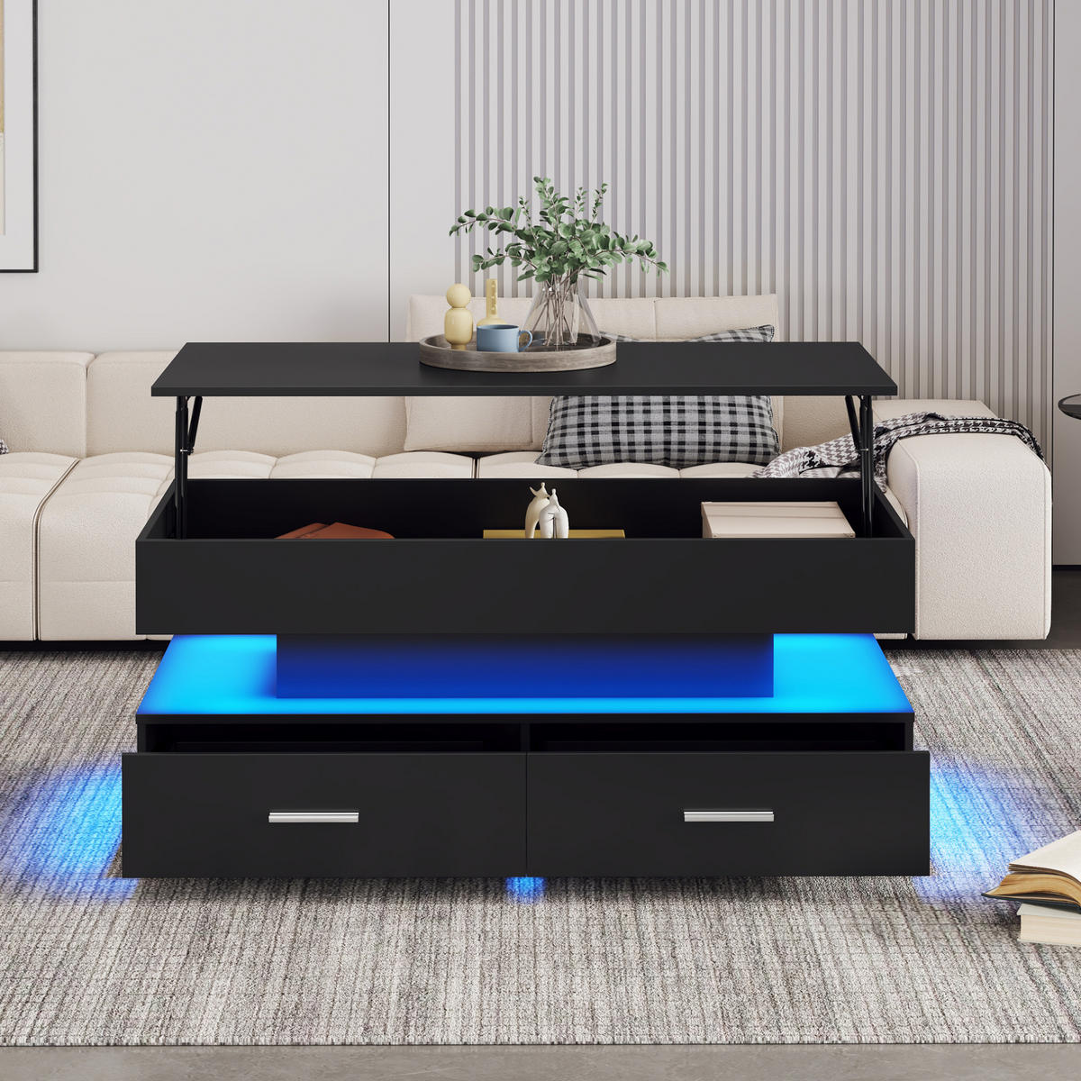 COUCHTISCH höhenverstellbar 100 x 50 x 44 cm Schwarz mit LED und 2 Schubladen - Schwarz, Holzwerkstoff (100/50/44cm) - Meubliv