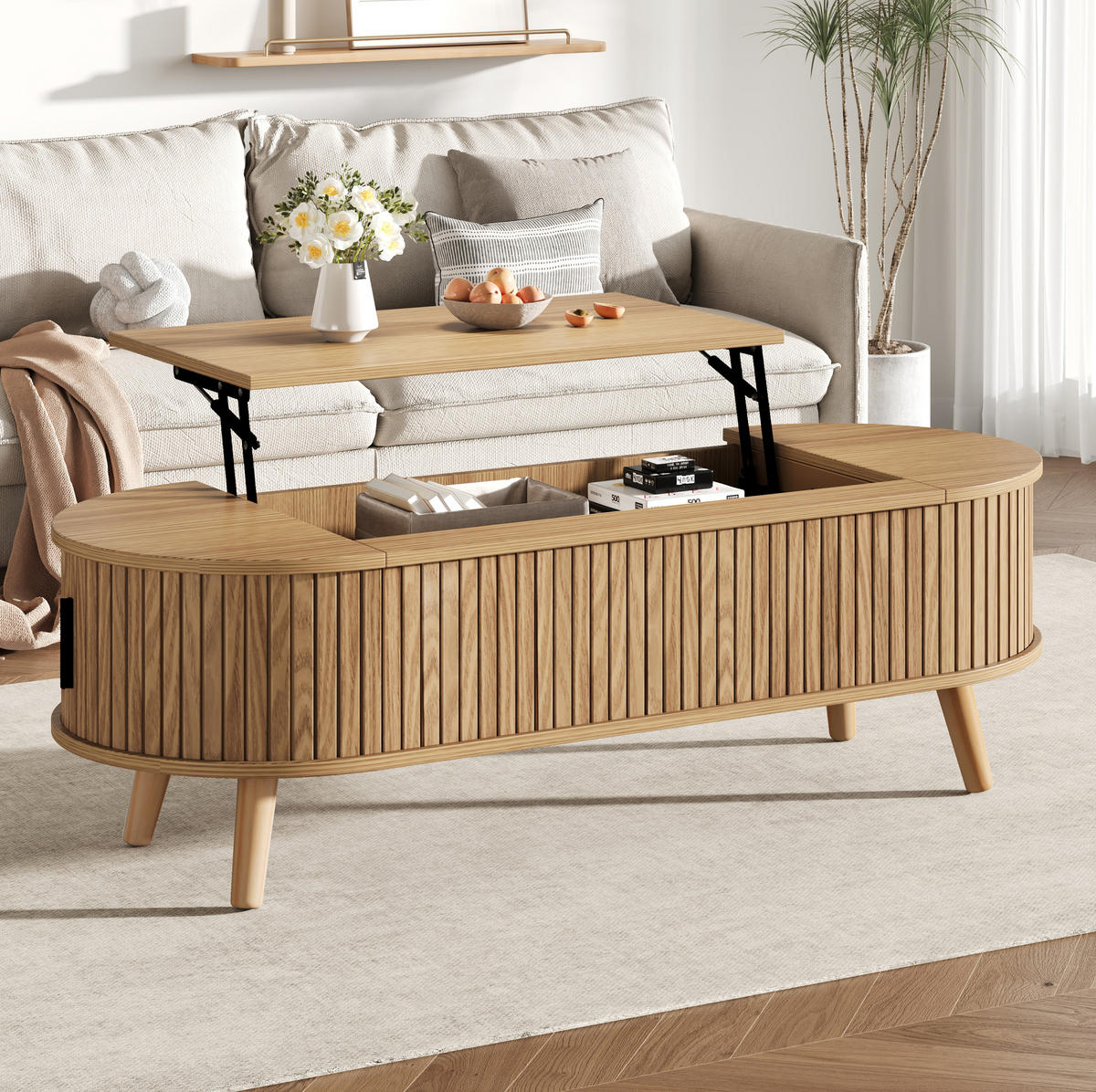 COUCHTISCH 120/50/39,5 cm höhenverstellbar aus MDF mit verstecktem Stauraum und Rollladentüren, Natur - Naturfarben, Holzwerkstoff (120/50/39.5cm) - Redom