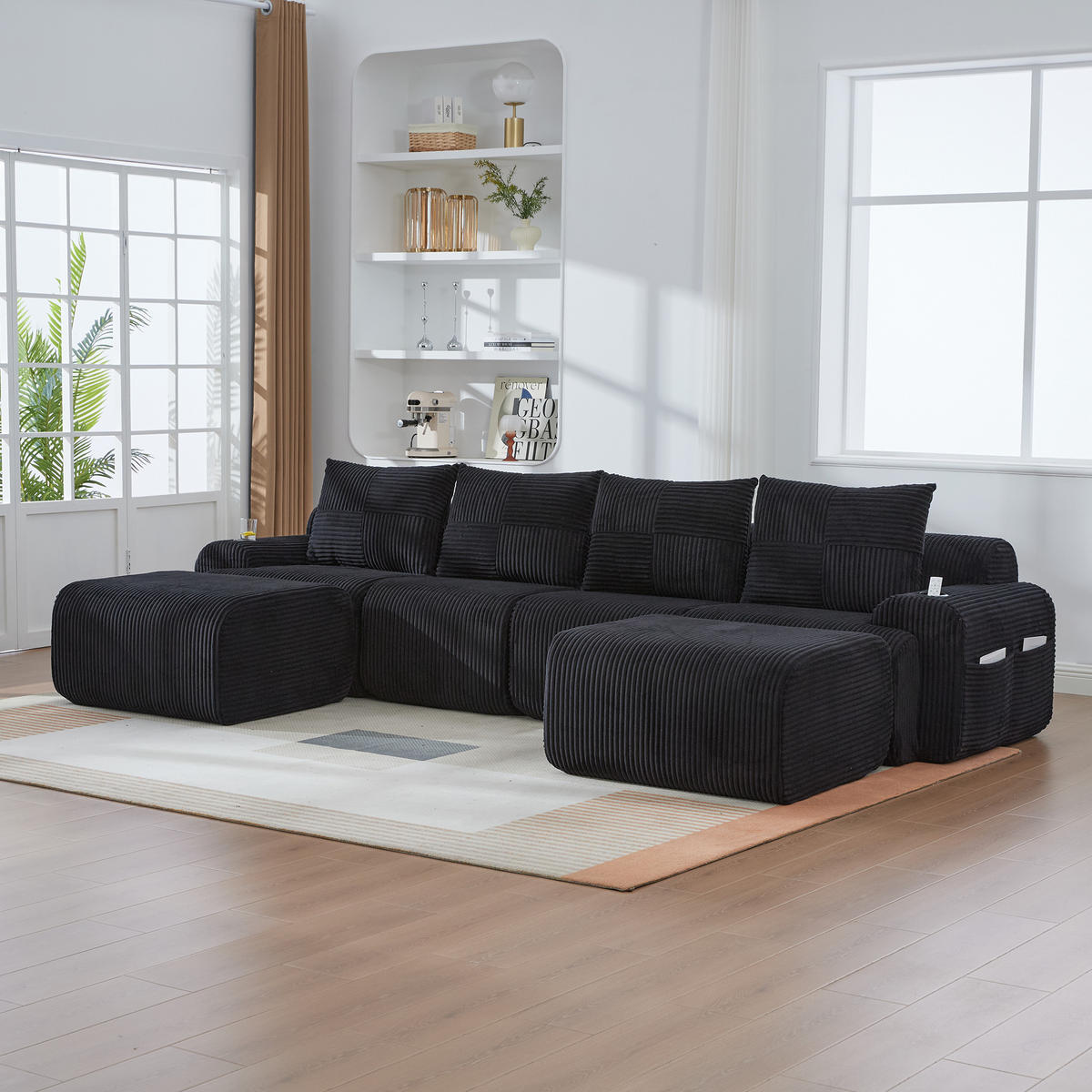 WOHNLANDSCHAFT 4-Sitzer mit 2 Hockern Getränkehalter und Seitentasche 333/174/80 cm Schwarz - Schwarz, Textil (174/80/333cm) - Redom