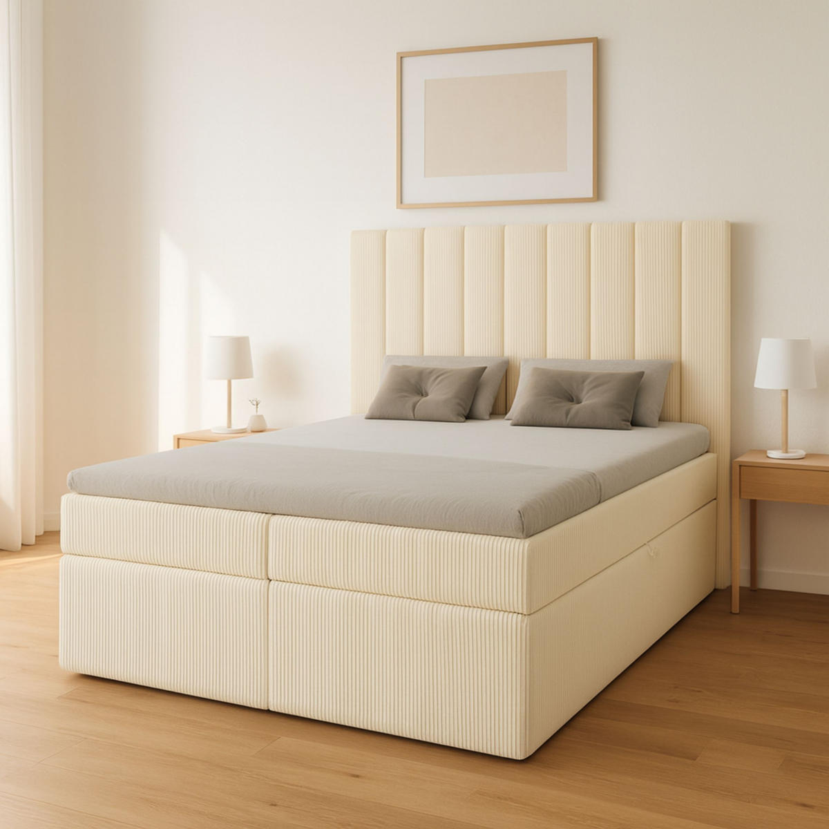BOXBETT Nero mit 2 Bettkästen, 120x200, Farbe: Hellbraun, Cordstoff, Doppelbett mit Bonell-Matratze - Beige, Holz/Kunststoff (120/200cm) - Marpur