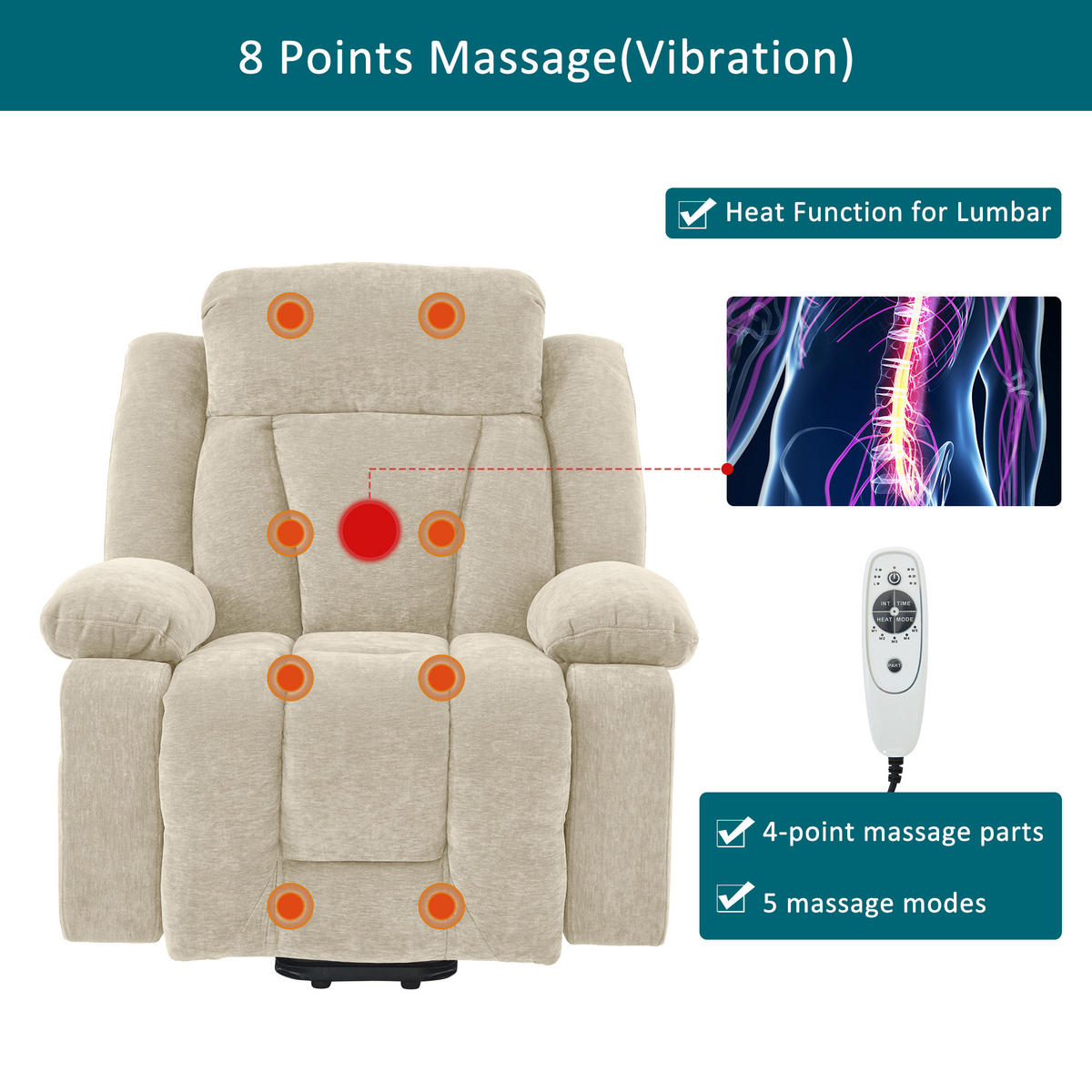MASSAGESESSEL Elektrisch 8 Punkt Massage Heizung USB Beige - Beige, Textil (95/107/94cm) - FLIEKS