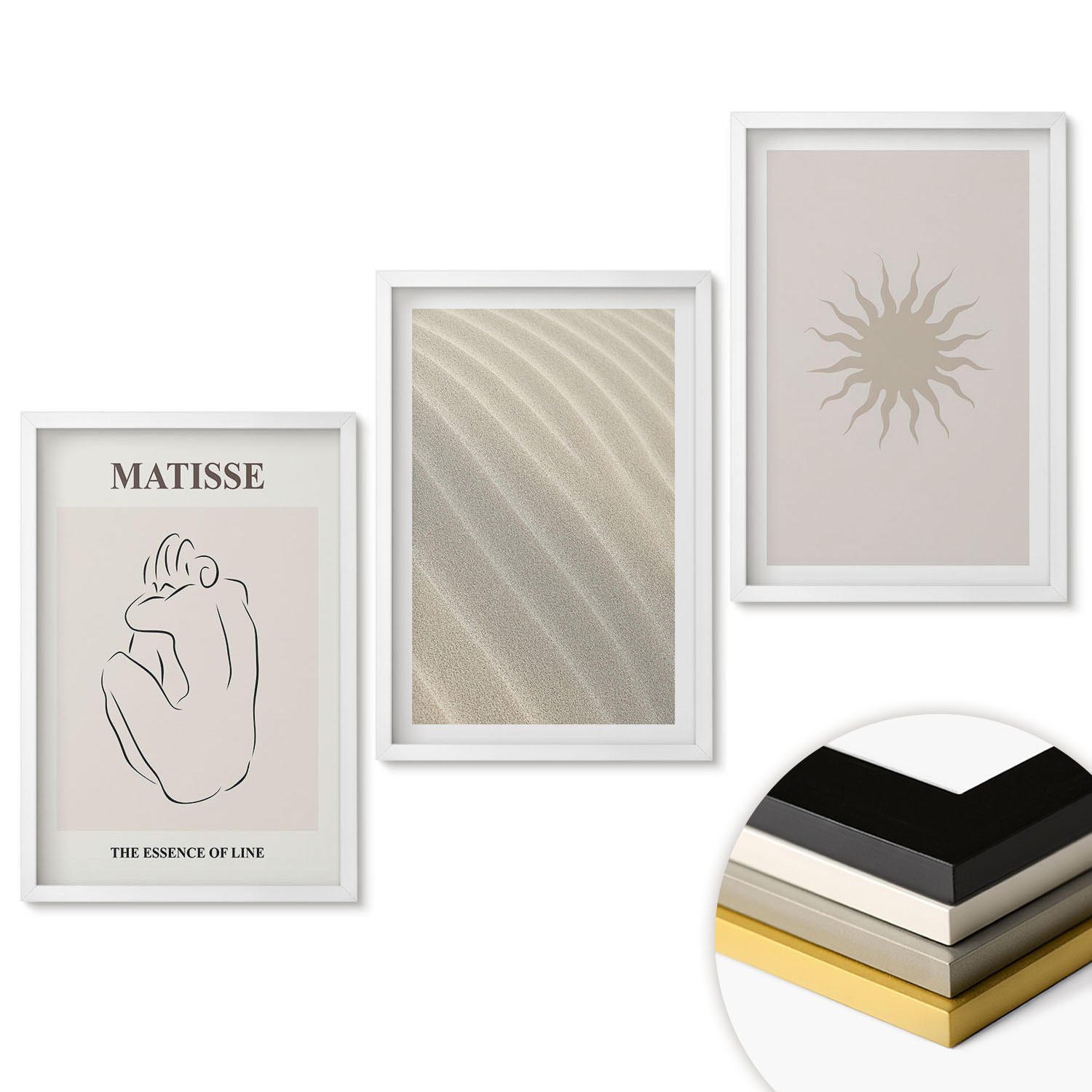WANDBILDER 3er-Set - 40x60 cm Weißer Rahmen - Minimalistische Sandlinien Sonne - Weiß, Kunststoff (40/60cm) - ArtPrintCave