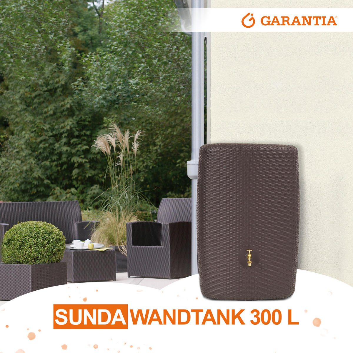 WANDTANK Komplett-Set 300 L mocca inkl. Messing-Auslaufhahn und Fallrohranschluss - Mokka, Kunststoff (40/118/80cm) - GARANTIA