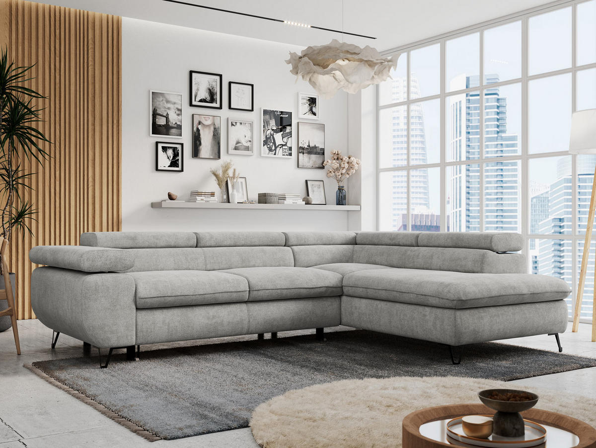 ECKSOFA PETER L Hellgrau Struktur - Rechts Seite - Hellgrau/Schwarz, Textil/Metall (273/208cm) - MKS