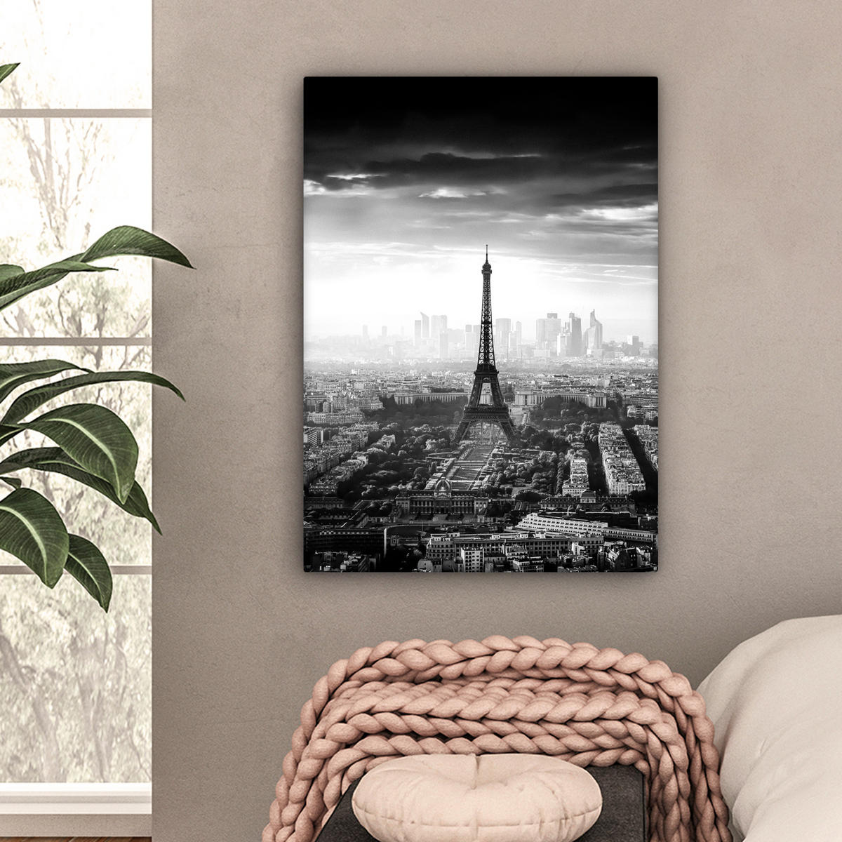 LEINWANDBILD Paris - Skyline - Eiffelturm - Stadt - Wolken Wandbild Wohnzimmer 60x80 cm - Dunkelgrau, Textil (60/80cm) - MuchoWow