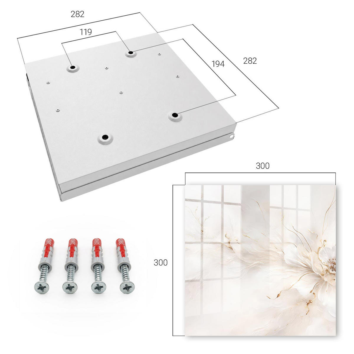 SCHLÜSSELBOX Weiß 30x30 cm – Türöffnung nach rechts - Elegante Blume - Creme, Metall (30/30/5cm) - TULUP