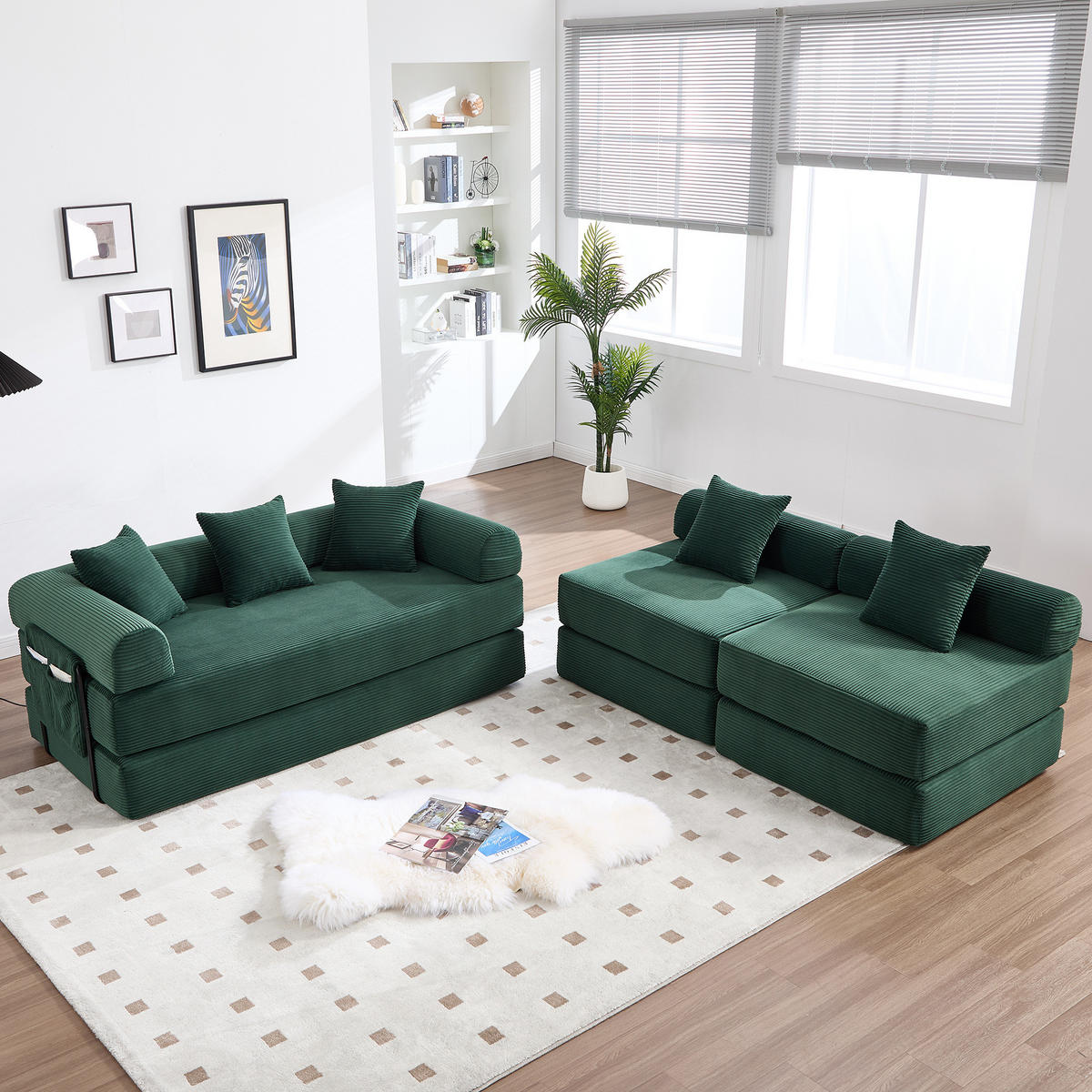 MODULARES Sofa 270/180/64 cm aus Cord mit Schlaffunktion und Seitentasche Smaragdgrün - Smaragdgrün, Textil (180/64/270cm) - Modenvie