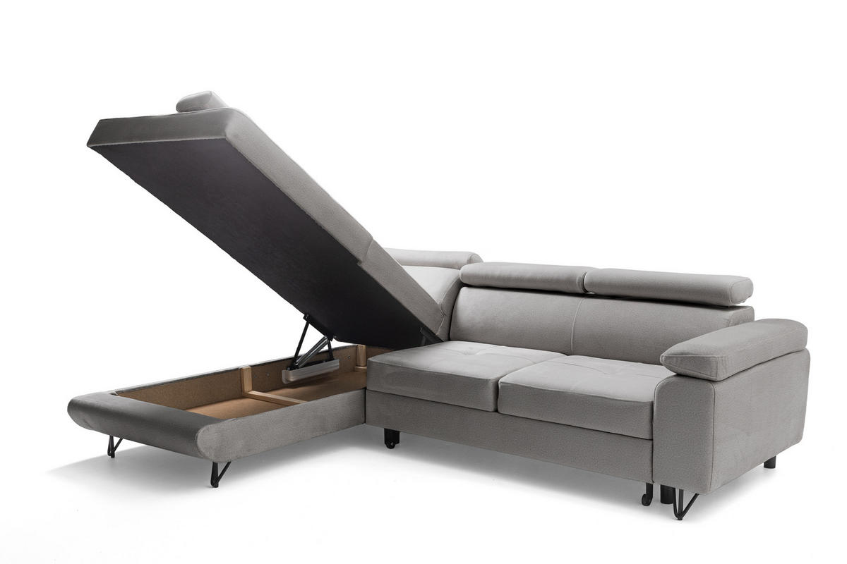 ECKSOFA JUNIOR L Links mit Schlaffunktion 194x128 Velours Hellgrau - Hellgrau/Schwarz, Holz/Textil (249/184cm) - Muffo