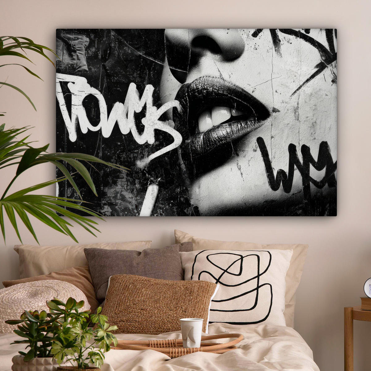 LEINWANDBILD Gesicht - Mund - Graffiti - Schwarz Wohnzimmer Groß 120x80 cm - Schwarz, Textil (120/80cm) - MuchoWow