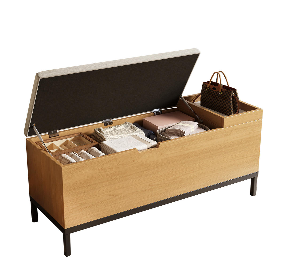 SCHUHBANK 115/40/49,5 cm mit Stauraum und Klappfunktion aus MDF mit hellgrauem Stoffbezug, Natural - Naturfarben, Holzwerkstoff (115/40/49.5cm) - Redom