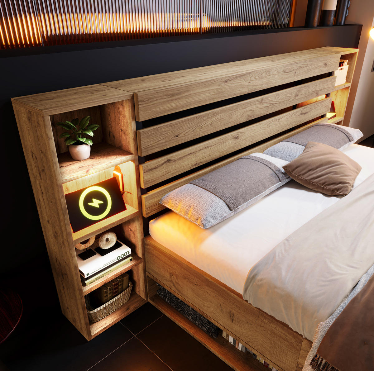 POLSTERBETT 160/200 cm Eiche aus Metall und Holz mit Stauraum - Eichefarben, Metall (160/200cm) - OKMYHOME