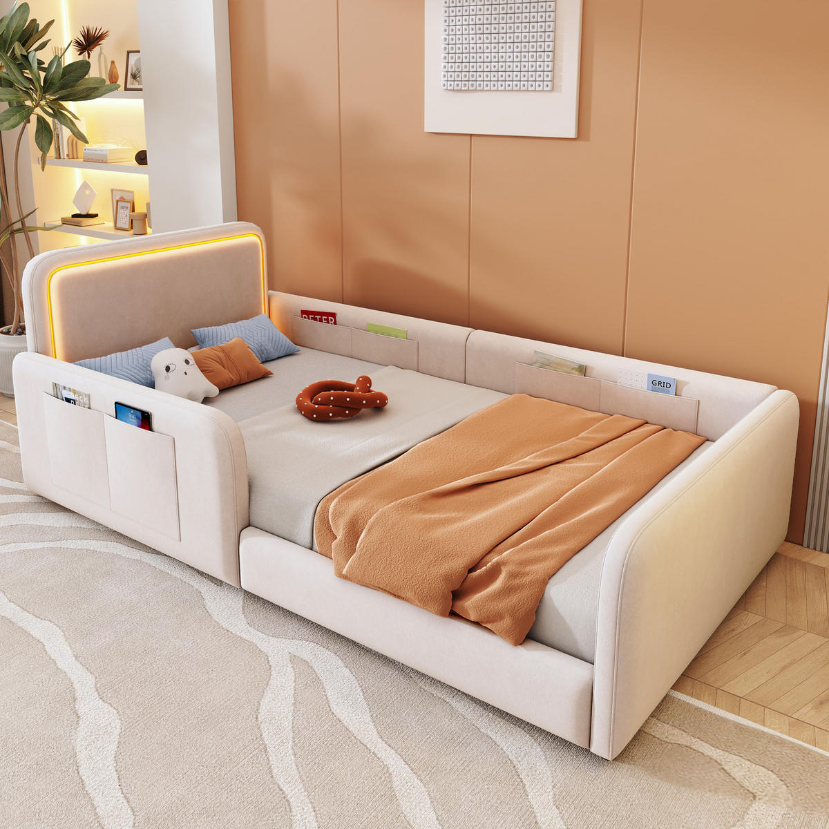 BETT 90/200 cm in Beige mit LED, Aufbewahrungstaschen, Samt und gepolstertem Design - Beige, Holzwerkstoff/Textil - STILVORA