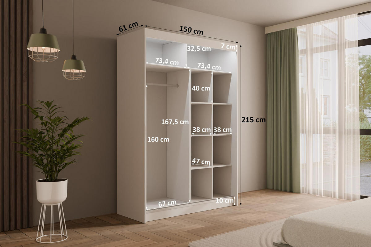 KLEIDERSCHRANK AMOHA mit LED - 150 cm - Weiß - Weiß, Holzwerkstoff (150/215/61cm) - ALTDECOR