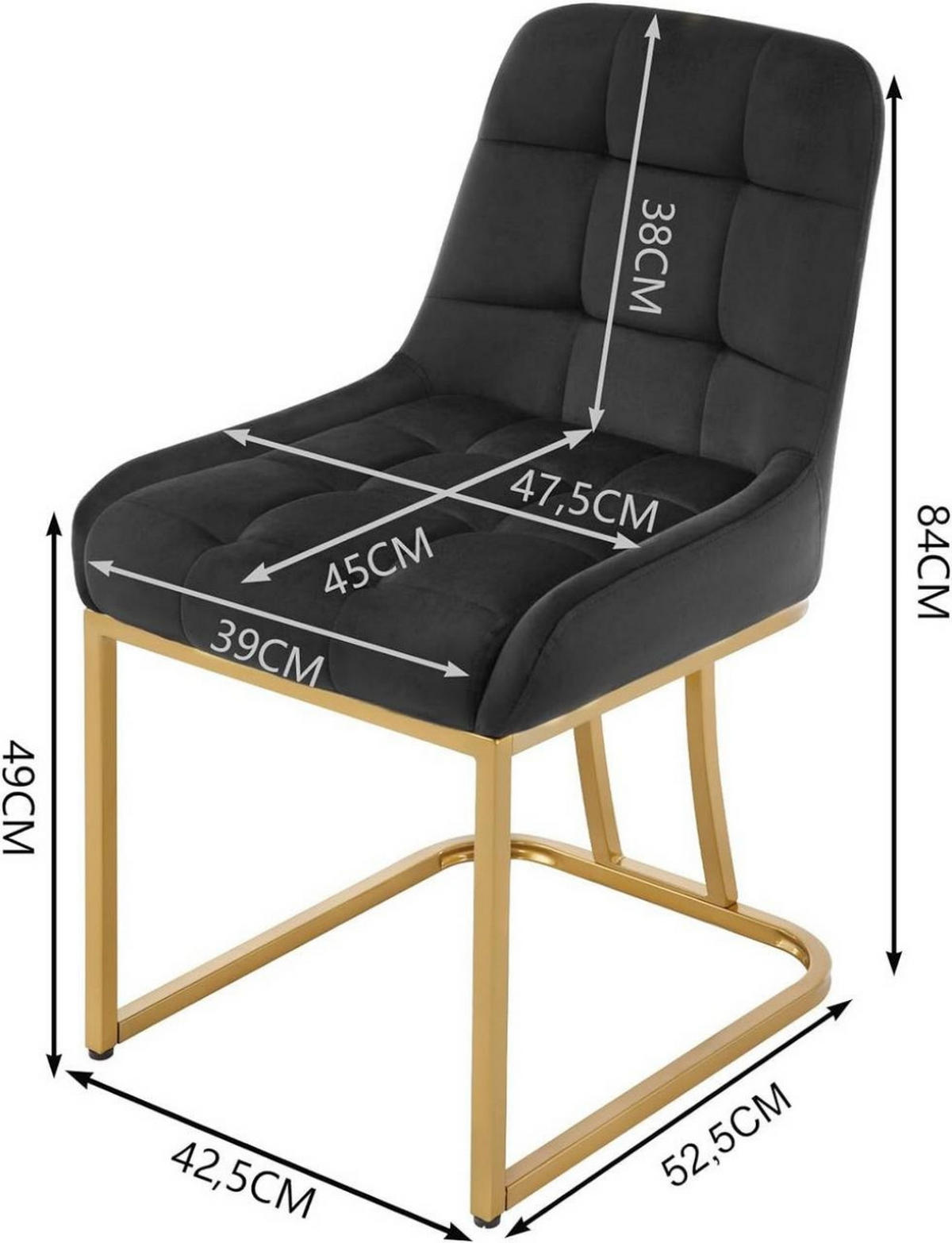 ESSZIMMERSTUHL 2er Set Beine in Bogenform, Samt, Schwarz - Goldfarben/Schwarz, Kunststoff/Textil (47.5/84/57.5cm) - Woltu