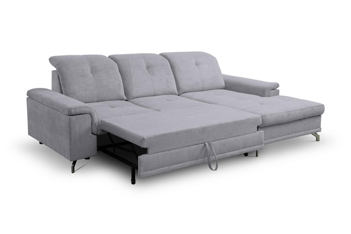 ECKSOFA PANAMA mit Schlaffunktion und Bettkasten, Farbe: Hellgrau, Velourstoff, Ottomane Rechts - Hellgrau, Textil (270/180cm) - VENASI MÖBEL