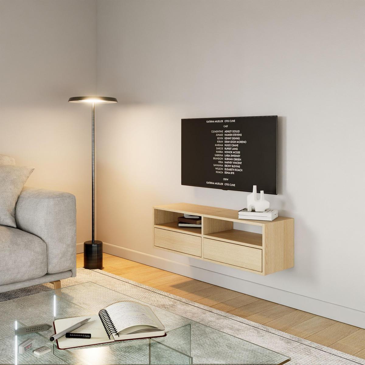 TV-LOWBOARD hängend, 2 Klappen und Ablagen, Eiche, 100 cm - Beige, Holzwerkstoff (100.6/30/30cm) - Selsey