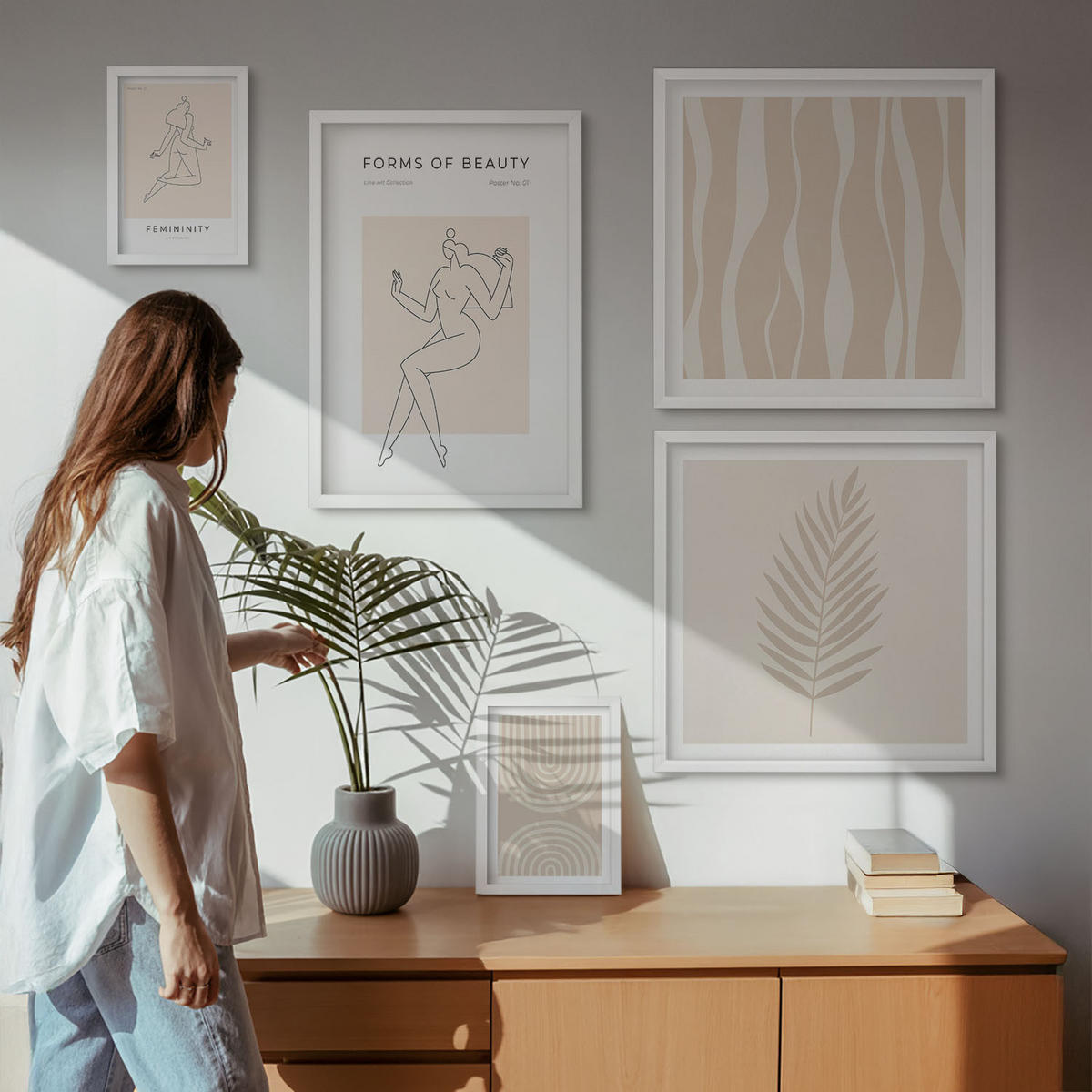 BILDER SET 5er Set - 50x50 cm & 20x30 cm & 40x60 cm Weißer Rahmen - Abstrakte Boho-Dekorationen - Weiß, Kunststoff (40/60cm) - TULUP