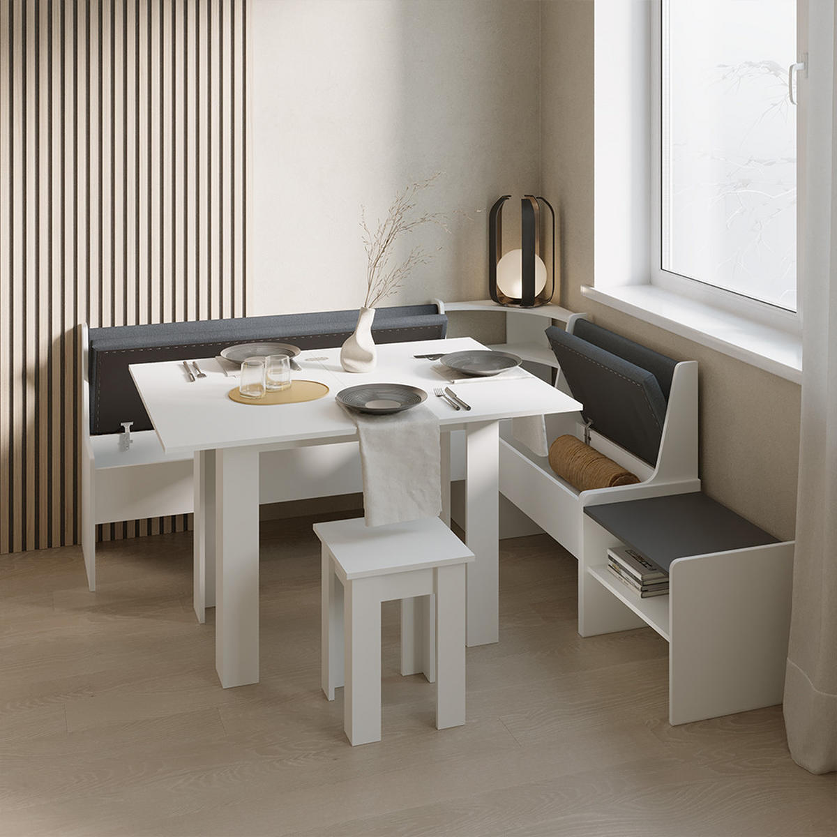 ECKBANKGRUPPE Tiberio Weiß 180 x 120 cm mit Tisch - Weiß, Holzwerkstoff (180/80/120cm) - Livinity®