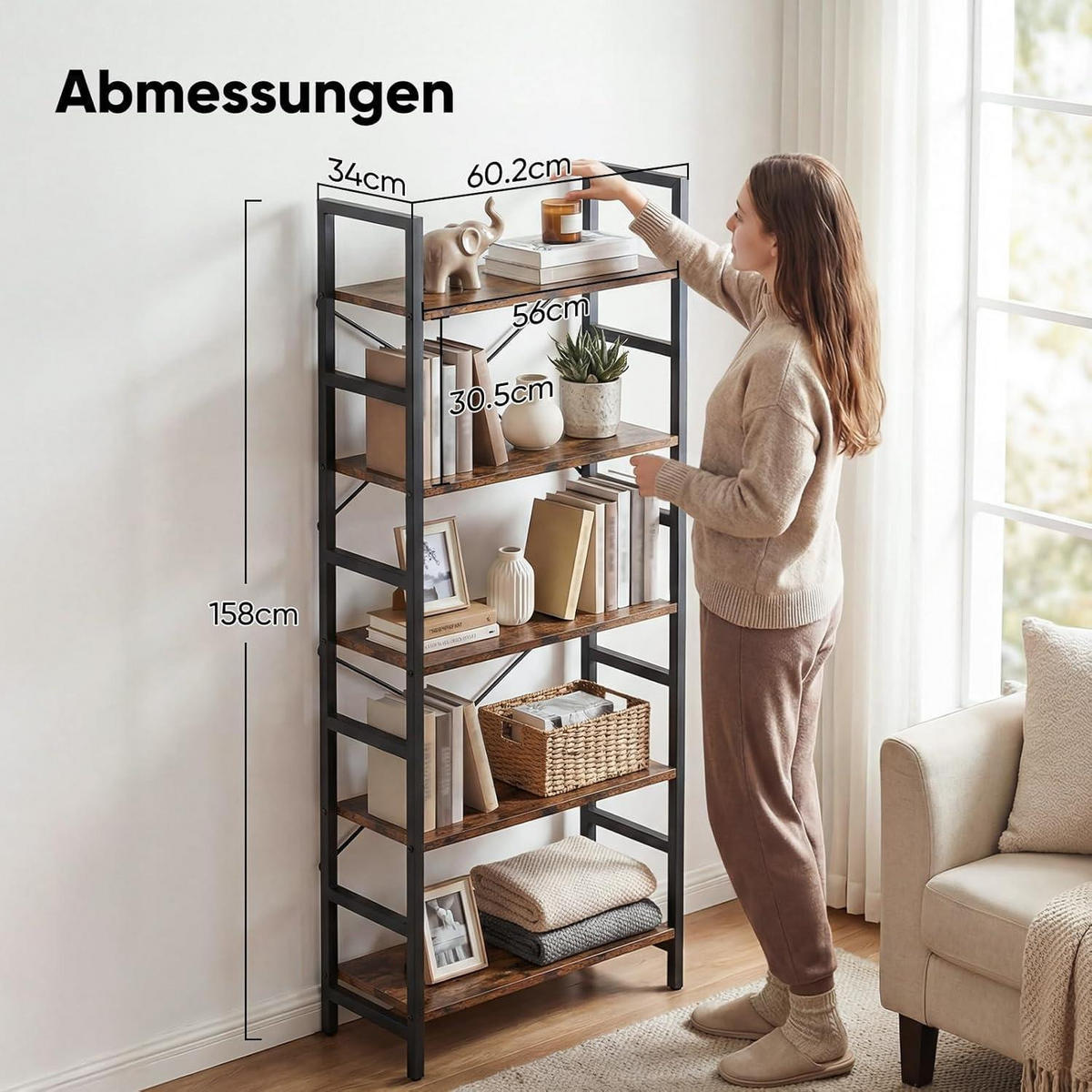 STANDREGAL 5 Ebenen Schwarz 60 x 34 x 158 cm - Schwarz, Holzwerkstoff (34/158/60cm)