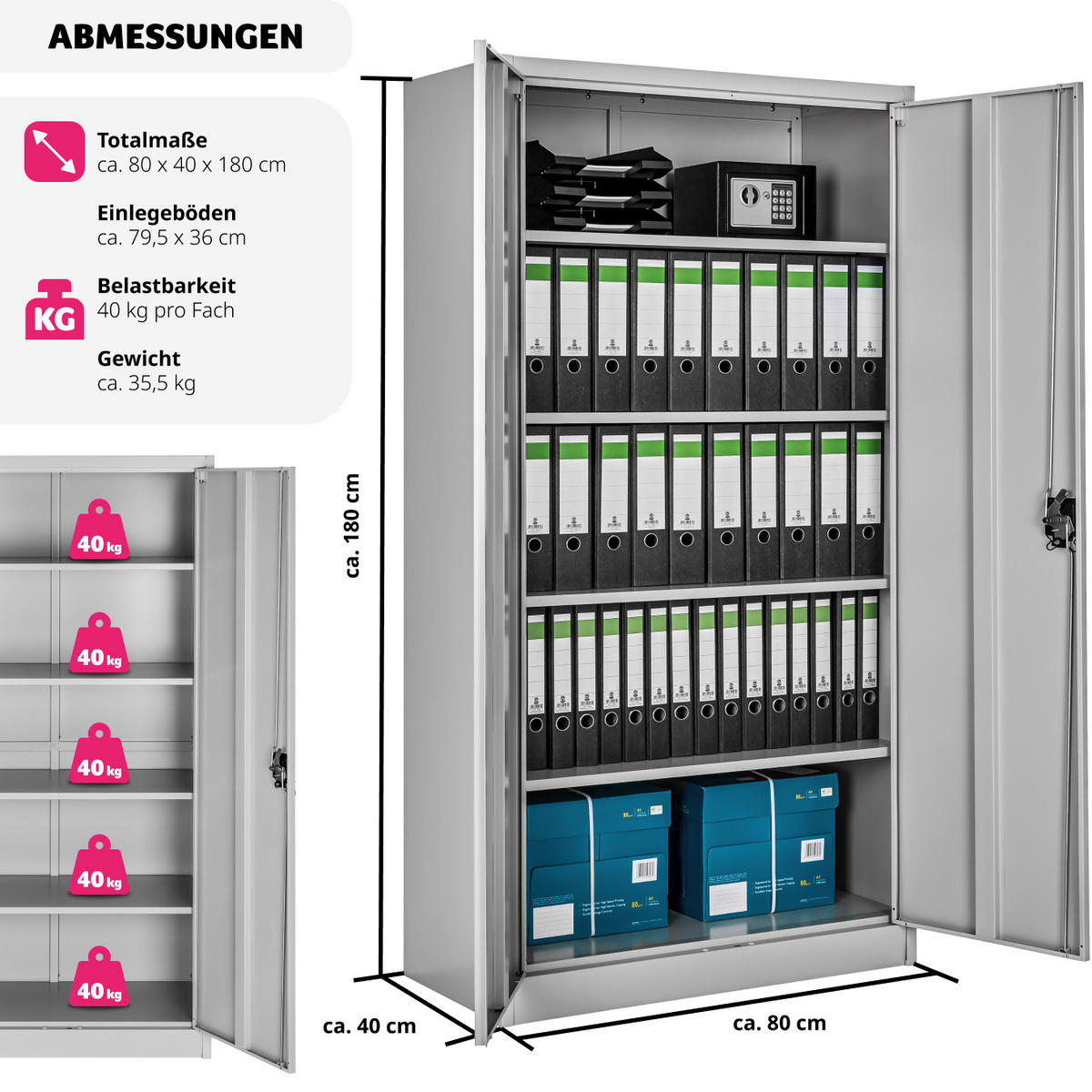 AKTENSCHRANK Blain,180 x 80 x 40 cm,grau - Grau, Metall (40/180/80cm) - tectake