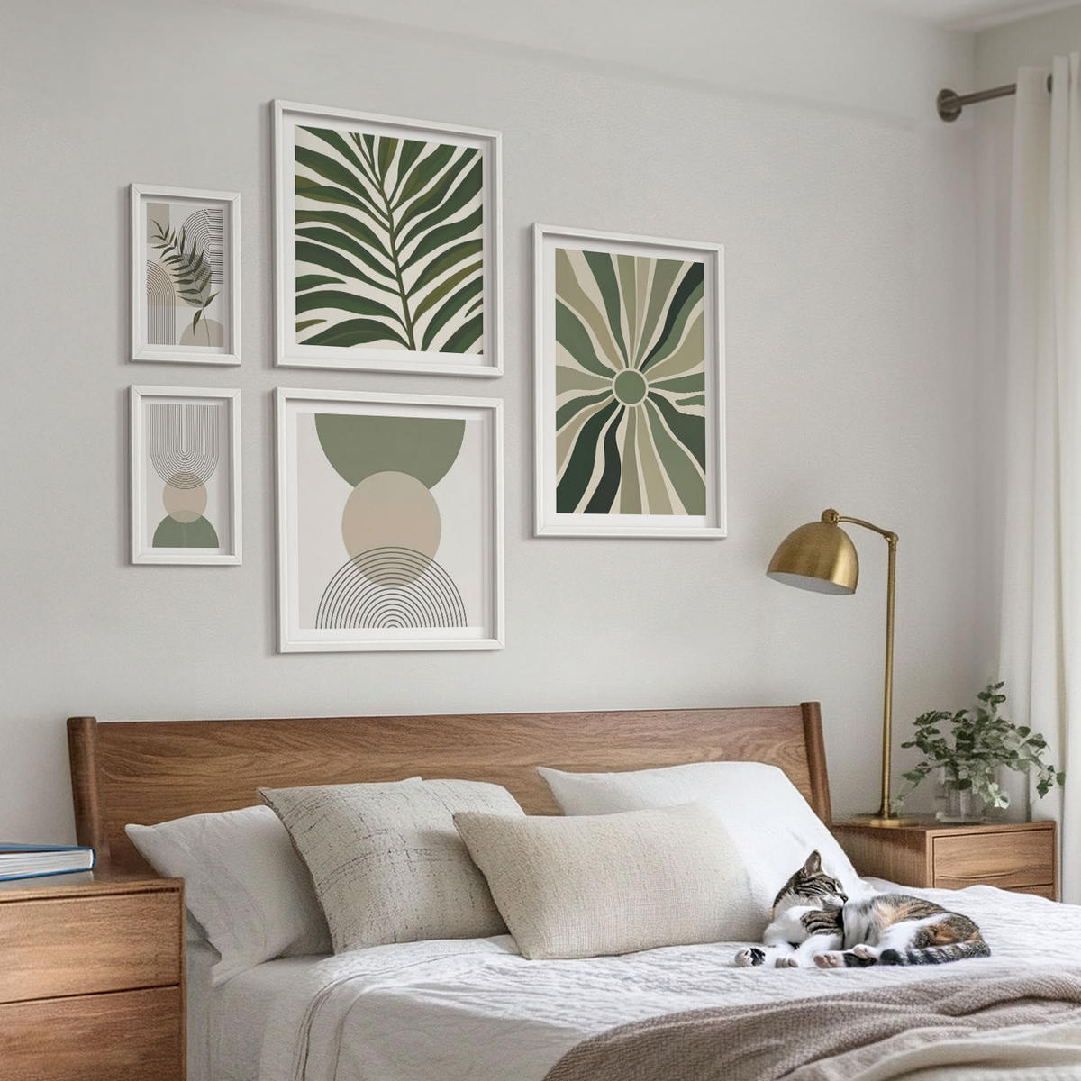 BILDER SET 5er Set - 50x50 cm & 20x30 cm & 40x60 cm Weißer Rahmen - Abstrakte Blätter im Boho-Stil - Weiß, Kunststoff (40/60cm) - TULUP