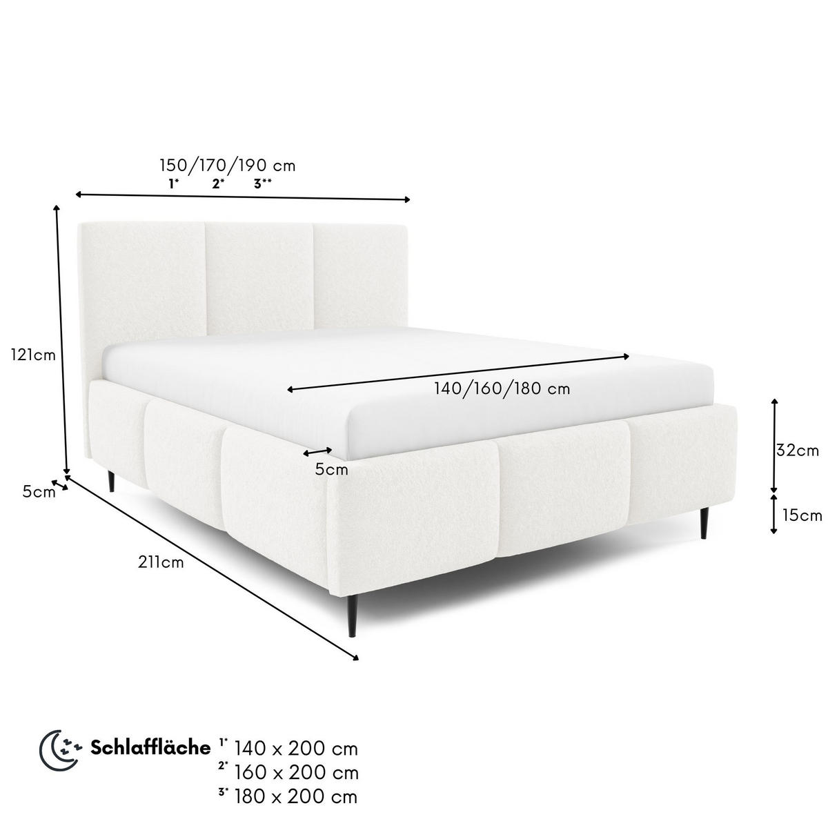 POLSTERBETT VALERIO mit Beinen mit Bettkasten, Bett 140x200,Doppelbett,Lattenrost,Boxspringbett-Optik,ohne Matratze,Schlafzimmer-Weiß - Weiß, Holz (140/200cm) - Furnistar