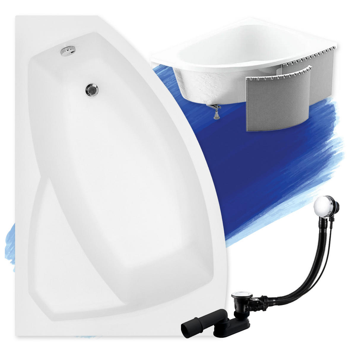 BADEWANNE Eckwanne RIMA 160/100 Links mit Styro Ablauf Füße - Weiß, Kunststoff (100/58.5/160cm) - bad land