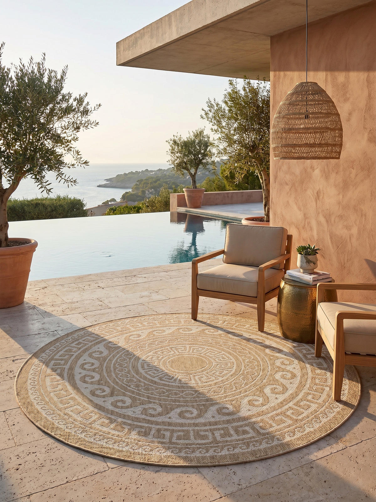 TEPPICH Balkon Retro Pflegeleicht Waschbar Terrasse Rund Beige 200x200 cm – KAUNS - Beige, Textil (200/200cm) - KADIMA DESIGN