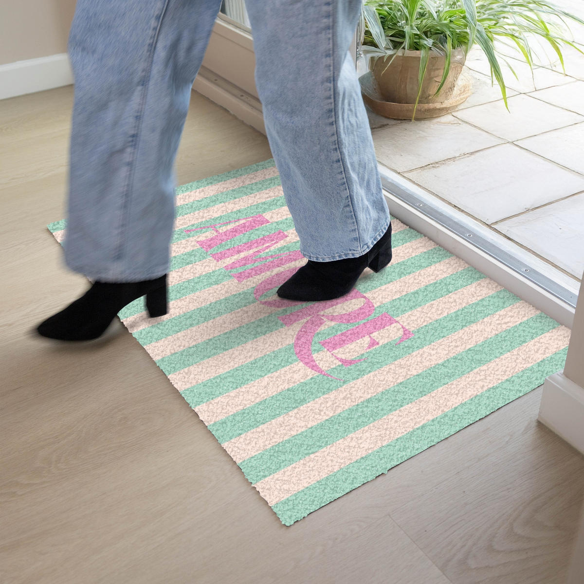 FUSSMATTE Rosa – Grün – Streifen – Amore 90x60 cm - Mintgrün, Kunststoff (90/0.4cm) - MuchoWow