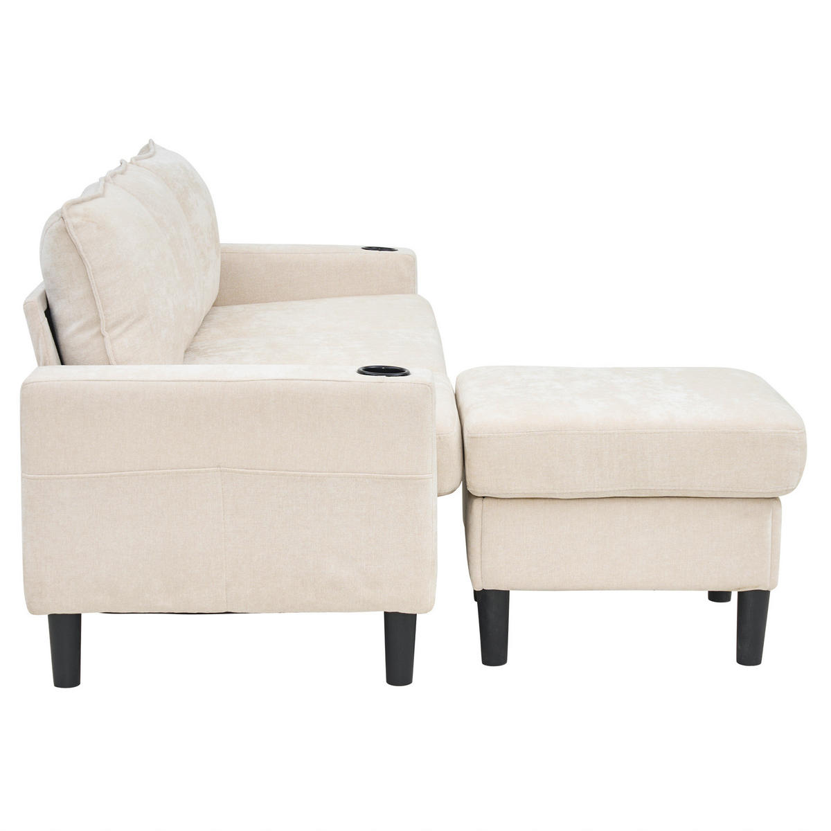 ECKSOFA L-Form 3-Sitzer mit zwei Getränkehaltern und USB und Typ-C-Anschlüssen Beige 202/137/80 cm - Beige, Textil (202/137cm) - OKWISH