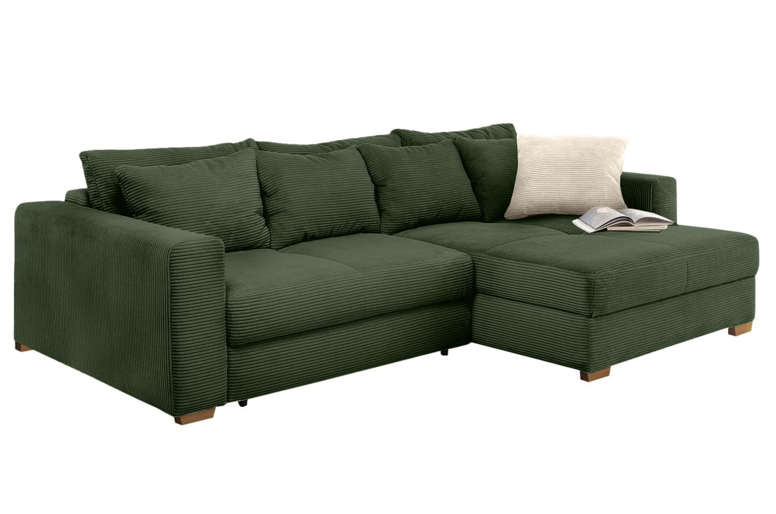 ECKSOFA-DAUERSCHLÄFER Federkern Bettkasten, seitenverkehrt montierbar B288/T186/H86 cm, Liegefl. 153x245 cm, Cord Grün / 15156 - Eichefarben/Grün, Holz/Textil (288/186cm) - luma-home