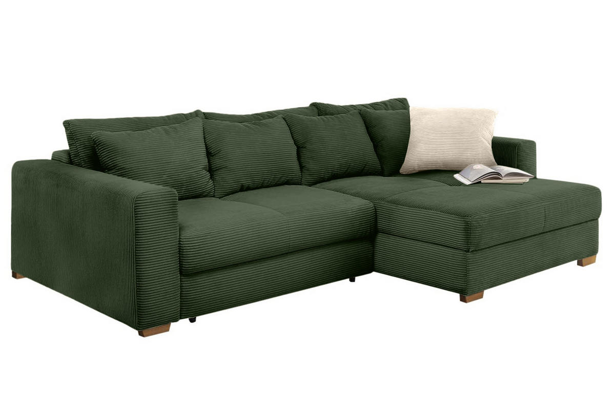 ECKSOFA-DAUERSCHLÄFER Federkern Bettkasten, seitenverkehrt montierbar B288/T186/H86 cm, Liegefl. 153x245 cm, Cord Grün / 15156 - Eichefarben/Grün, Holz/Textil (288/186cm) - luma-home